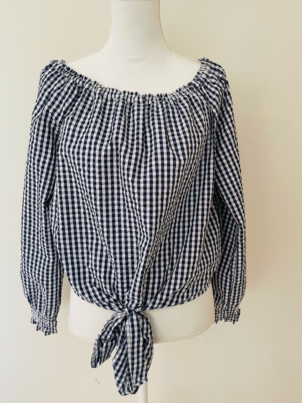 Sanctuary Navy and White Gingham Off-Shoulder Tie-Front Top
